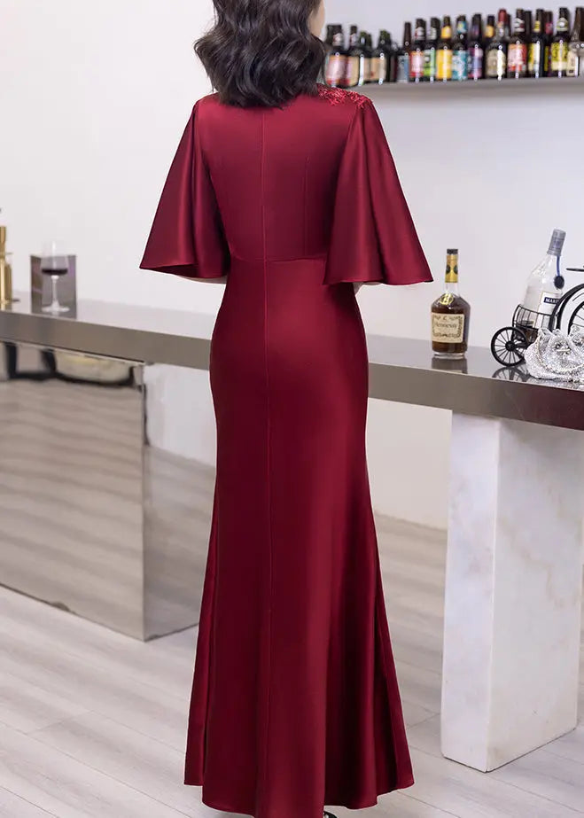 Classy Wine Red V Neck Embroidered Cotton Long Dresses Butterfly Sleeve Ada Fashion