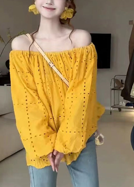 Cotton Out Shoulder Summer Shirt Yellow Hollow Classy Cold