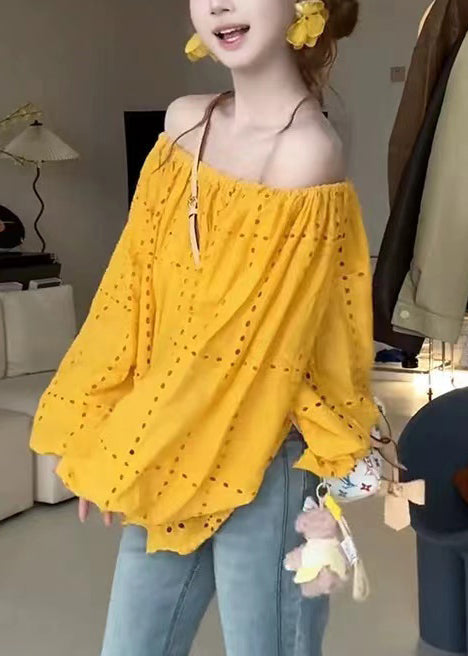 Cotton Out Shoulder Summer Shirt Yellow Hollow Classy Cold