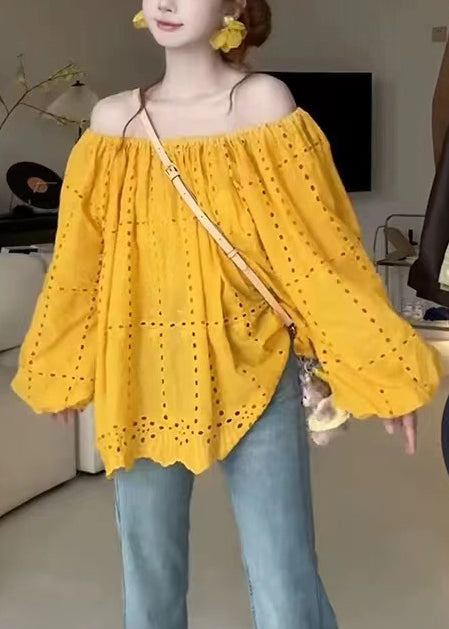 Cotton Out Shoulder Summer Shirt Yellow Hollow Classy Cold