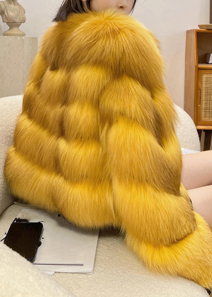 Classy Yellow Fox Collar Leather And Fur Coats Winter WZ020