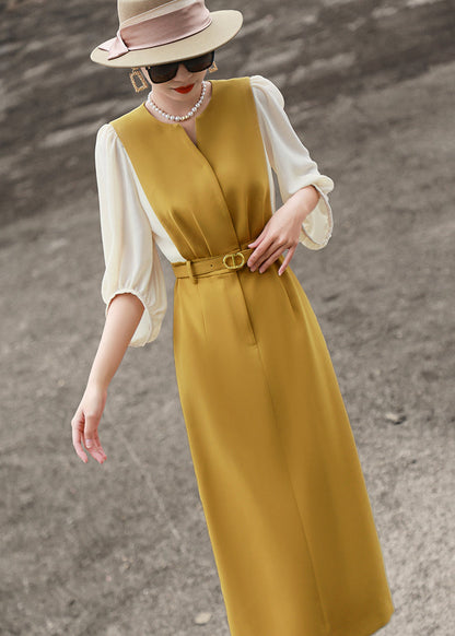 Robe en coton jaune élégante à col rond et taille nouée avec bracelet et manches EE1020