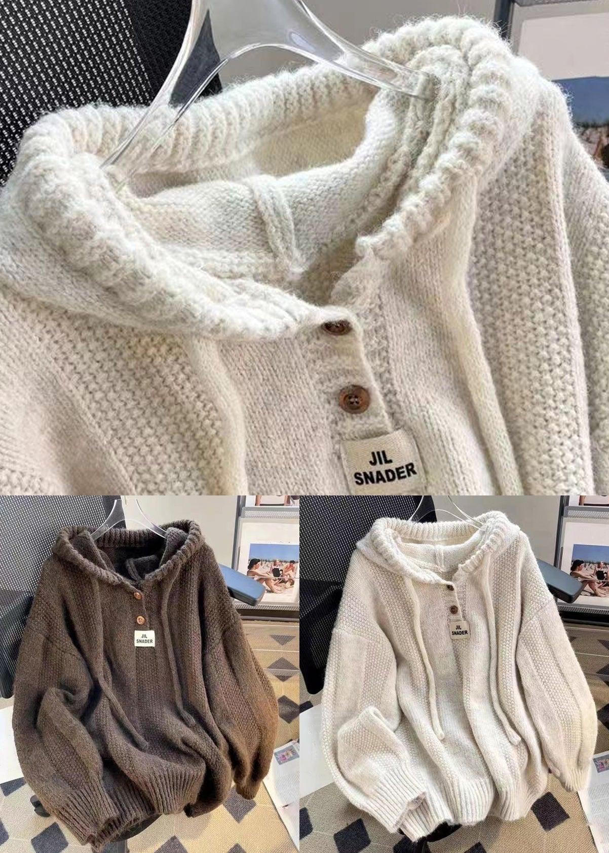 Haut en tricot de coton à lacets avec boutons de café et manches longues à capuche OO018