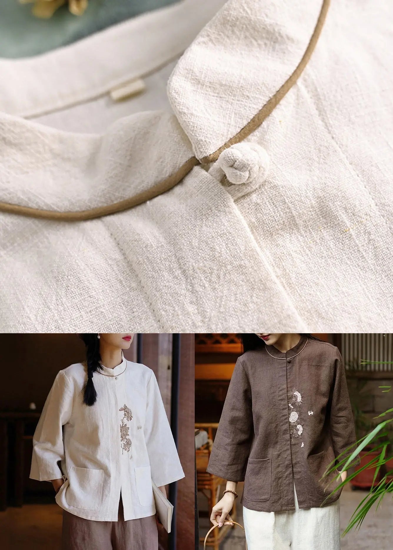 Coffee Button Pockets Linen Blouse Stand Collar Spring Ada Fashion
