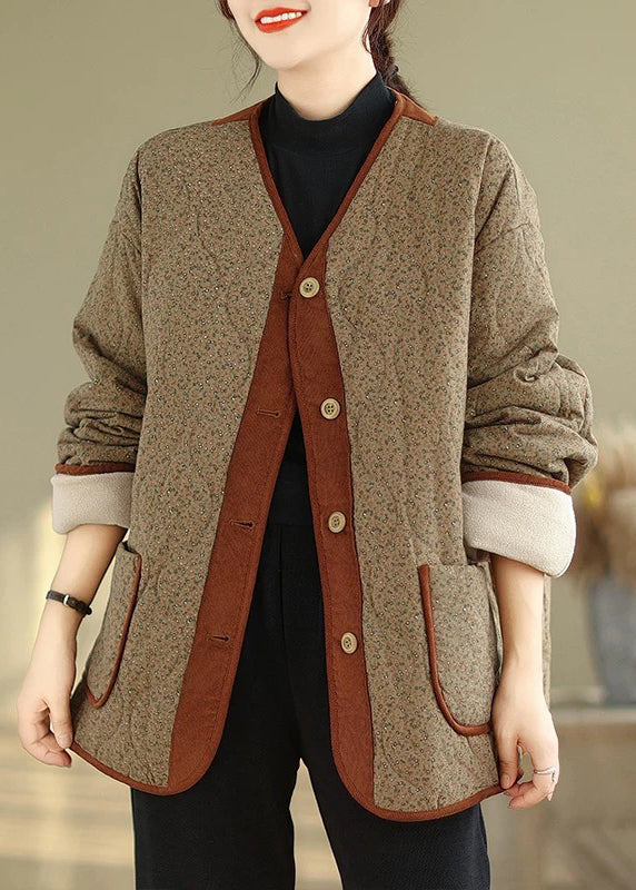 Coffee Button Pockets Warm Fleece Winter Coats V Neck QO036