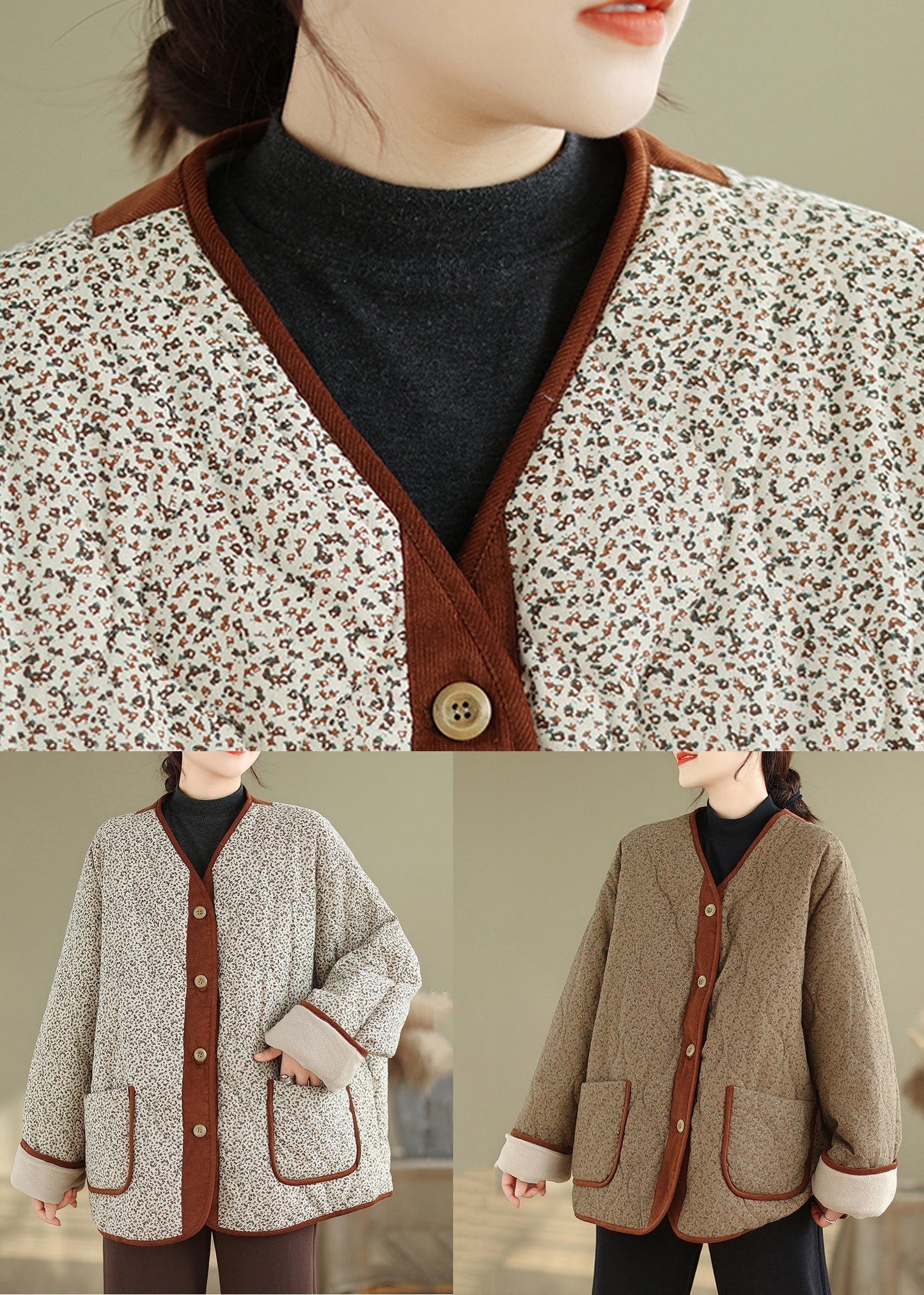 Coffee Button Pockets Warm Fleece Winter Coats V Neck QO036