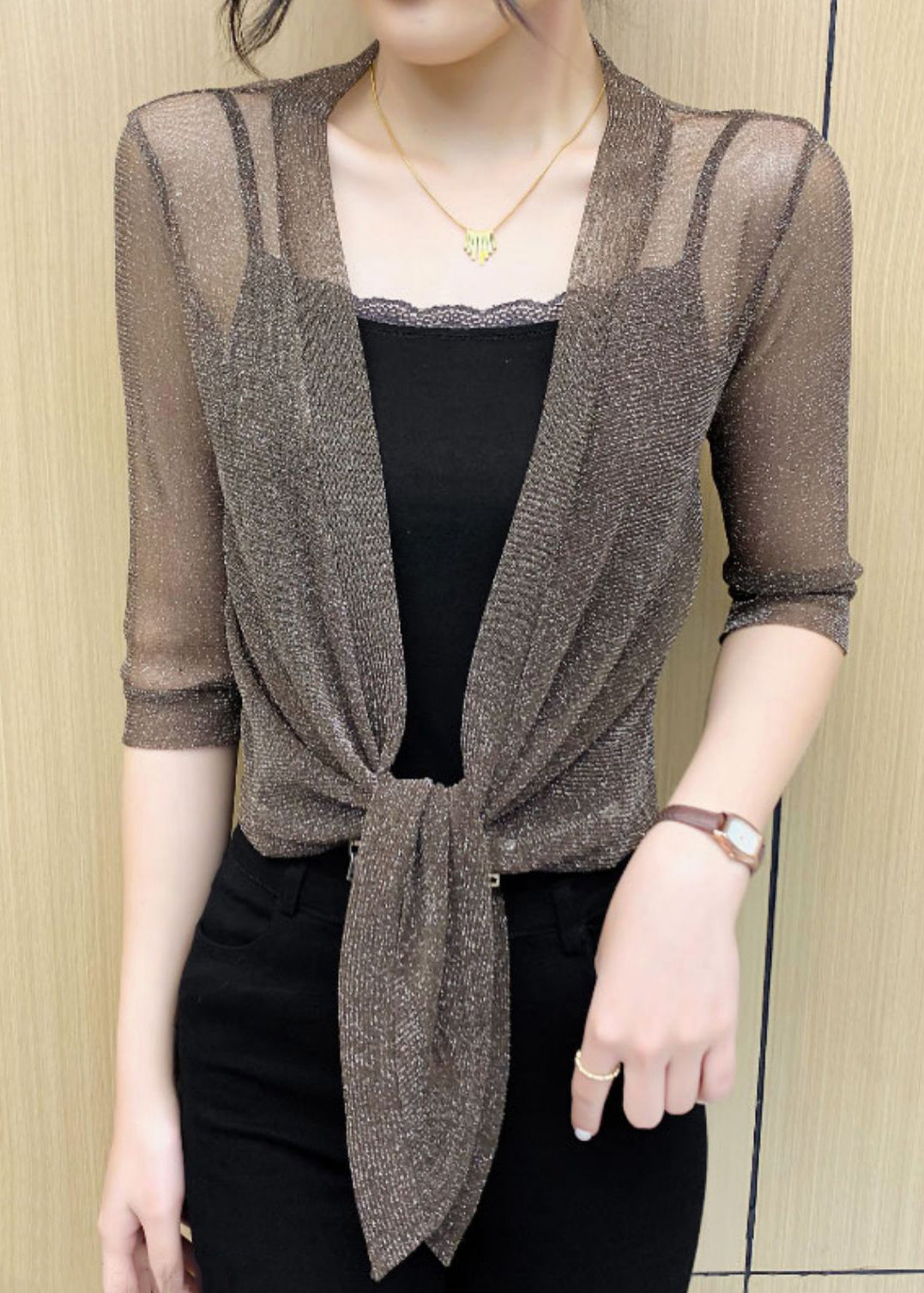 Coffee Lace Up Tulle Cardigan V Neck Half Sleeve Ada Fashion