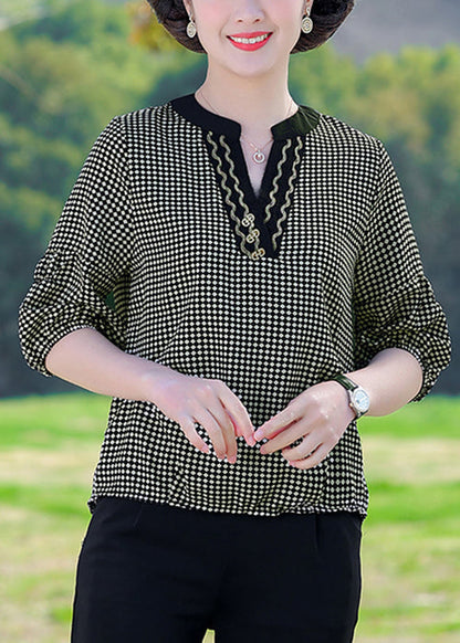 Coffee Plaid Patchwork Cotton T Shirt V Neck Summer RE029