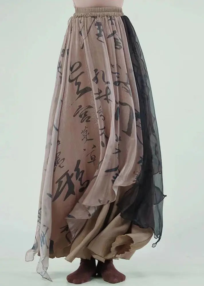 Coffee Print High Waist Cotton Maxi Skirts Asymmetrical Ada Fashion