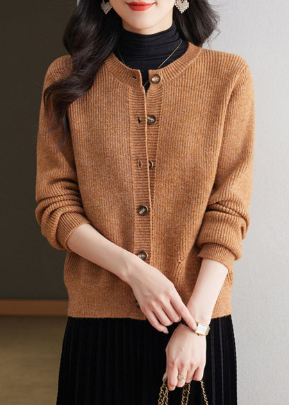 Coffee Solid Cozy Knit Fall Cardigans O Neck QS002