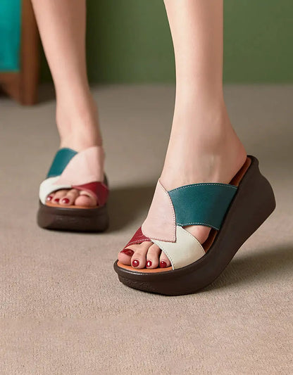 Color Matching Retro Leather Wedge Slippers Ada Fashion