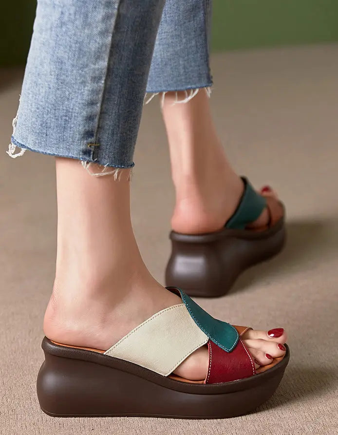 Color Matching Retro Leather Wedge Slippers Ada Fashion