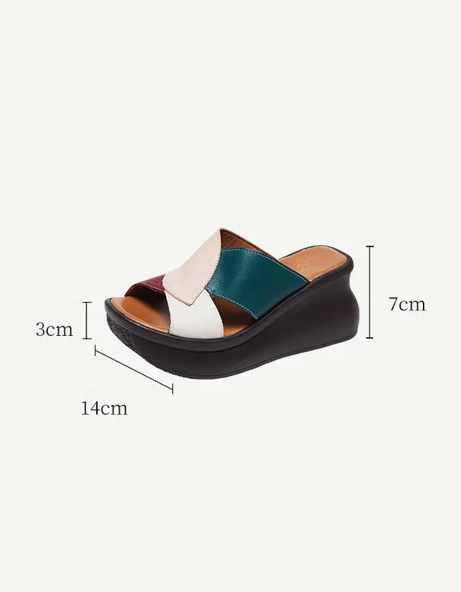 Color Matching Retro Leather Wedge Slippers Ada Fashion