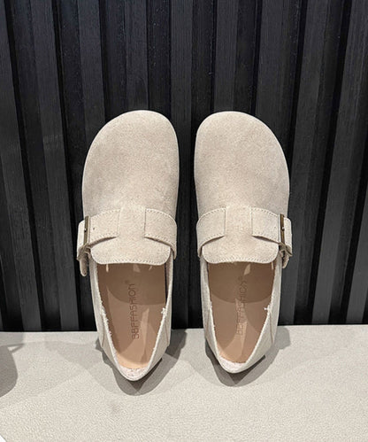 Comfortable Beige Suede Splicing Buckle Strap Flat Shoes JJ011