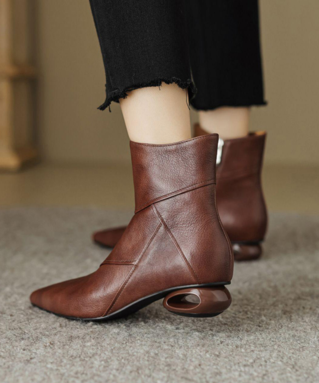 Comfortable Splicing Ankle Boots Brown Cowhide Leather Pointed Toe RD016