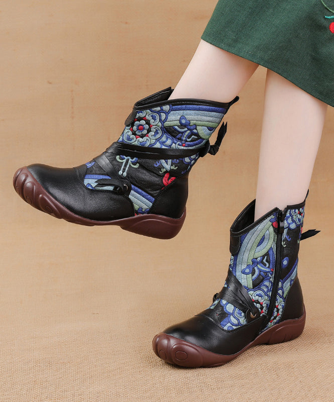 Comfortable Splicing Boots Black Retro Print Cowhide Leather RD017