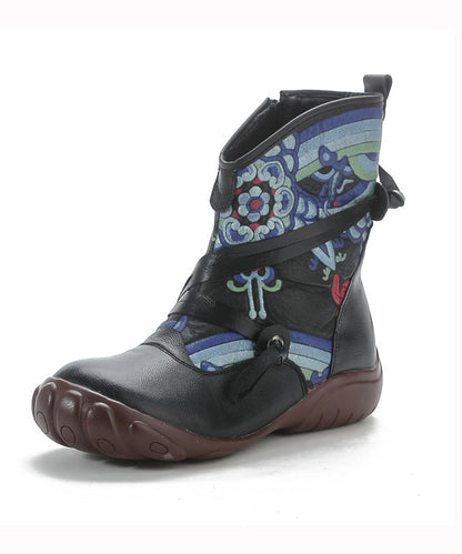 Comfortable Splicing Boots Black Retro Print Cowhide Leather RD017