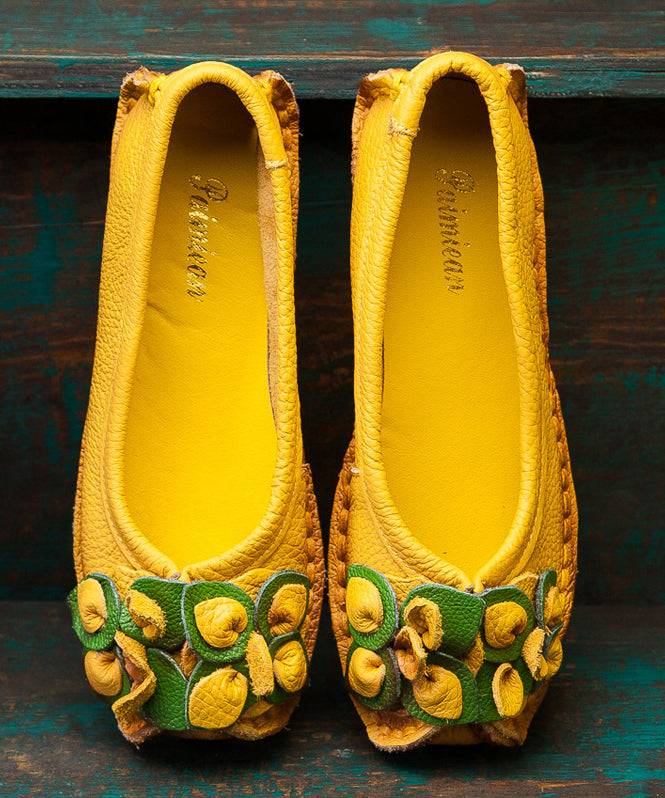 Comfortable Yellow Platform Cowhide Leather Splicing Flat Shoes SL1018