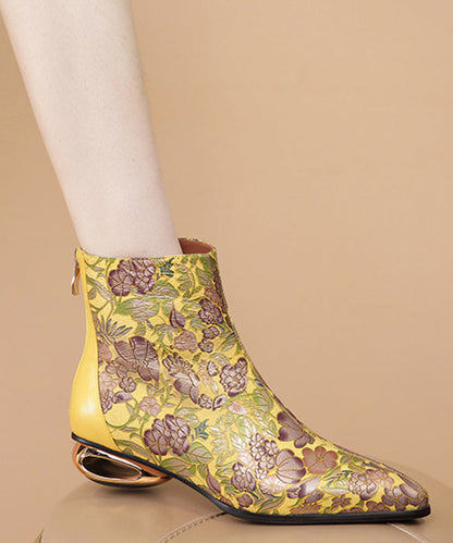 Comfortable Yellow Print Splicing Genuine Leather Chunky Ankle Boots RT1067