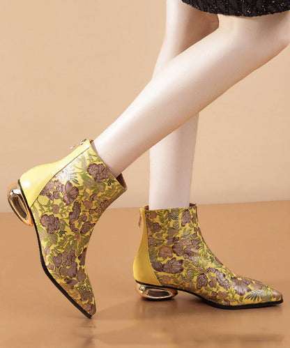 Comfortable Yellow Print Splicing Genuine Leather Chunky Ankle Boots RT1067