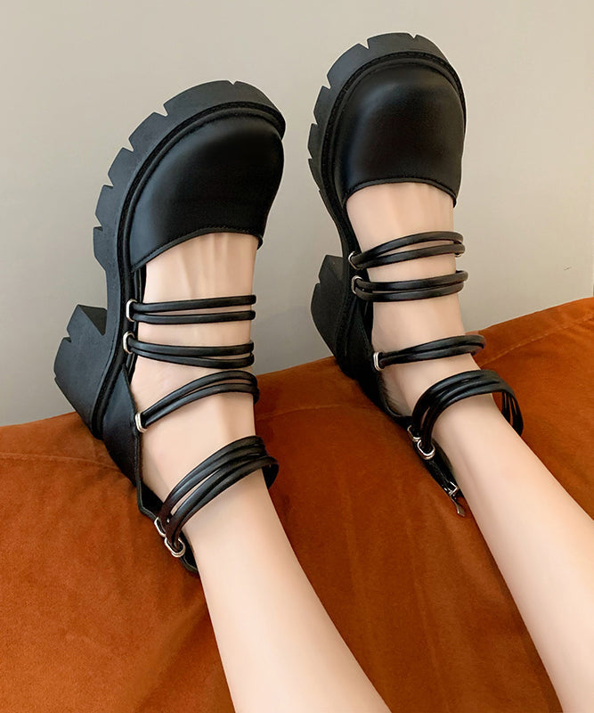 Comfy Chunky Heel Sandals Black Hollow Out Faux Leather RT1013