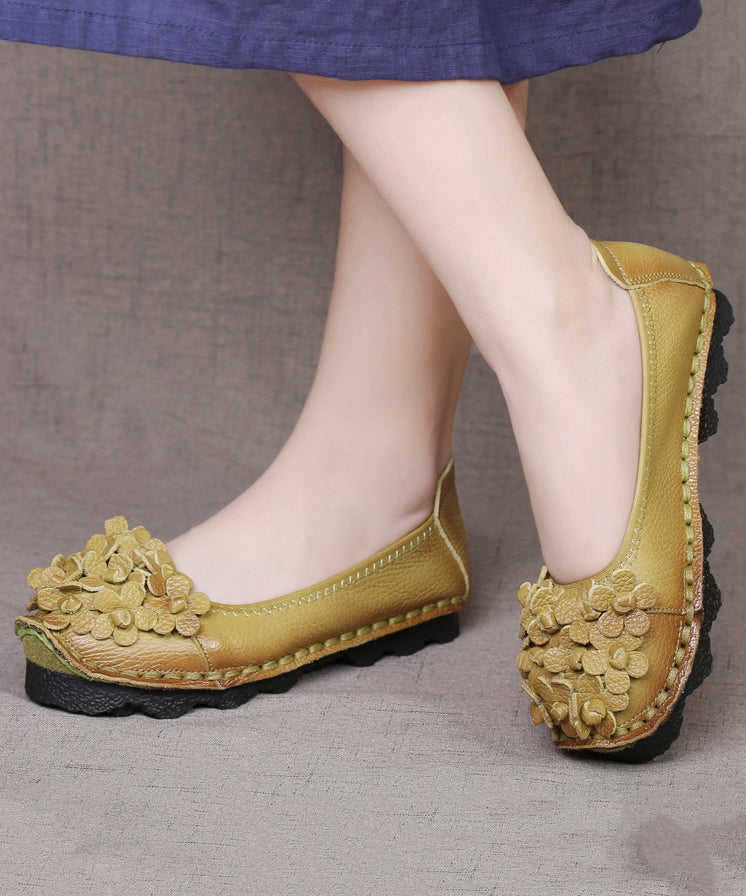 Comfy Mulberry Cowhide Leather Flower Splicing Flat Shoes SL1025