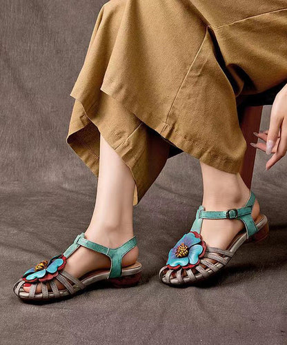 Comfy Splicing Wedge Sandals Grey Cowhide Leather Floral Hollow Out OI024