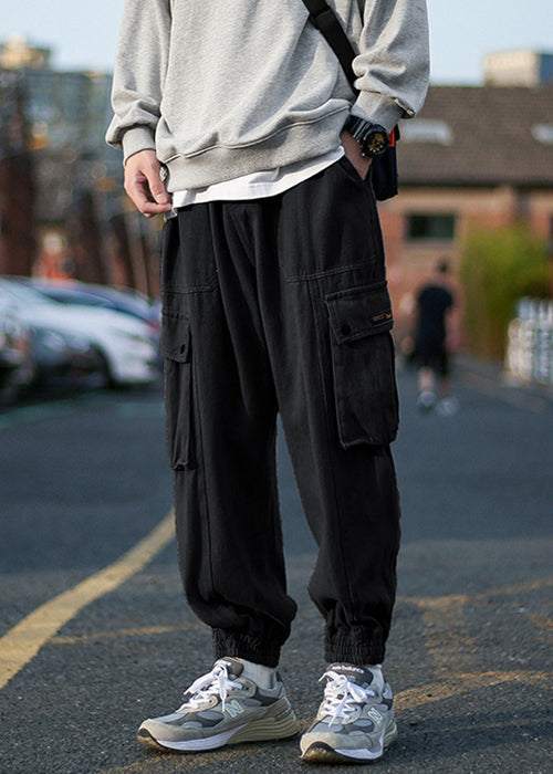 Pantalon polaire vert chaud et élastique à la taille pour homme, poches style armée
