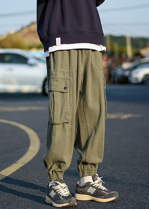Pantalon polaire vert chaud et élastique à la taille pour homme, poches style armée