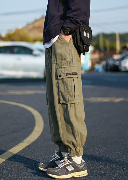 Pantalon polaire vert chaud et élastique à la taille pour homme, poches style armée