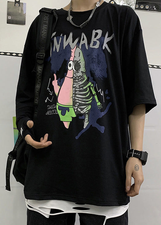 Half Cool Herren Schwarz Neck Print Baumwolle T Cartoon Ärmel Shirts O