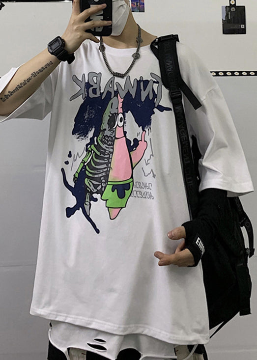 Half Cool Herren Schwarz Neck Print Baumwolle T Cartoon Ärmel Shirts O