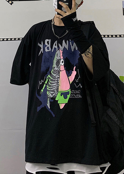 Half Cool Herren Schwarz Neck Print Baumwolle T Cartoon Ärmel Shirts O