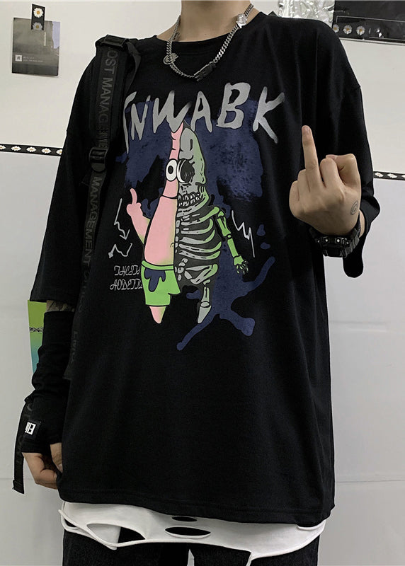 Half Cool Herren Schwarz Neck Print Baumwolle T Cartoon Ärmel Shirts O