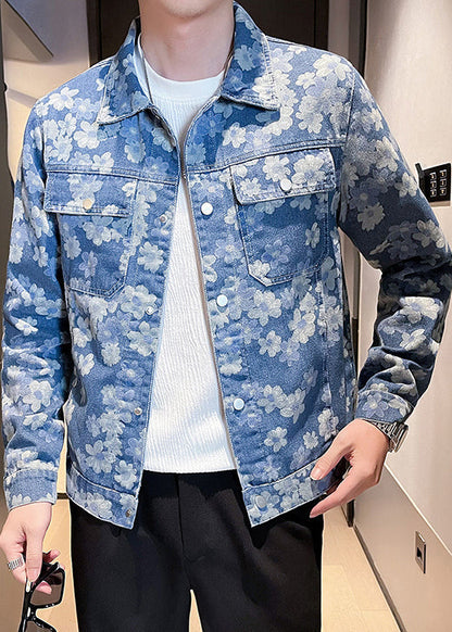 Cool Blue Button Print Pockets Denim Men Coat Fall WA020