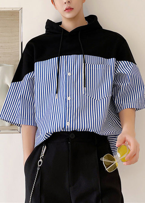 Sweatshirt Patchwork Summer Hooded Men Blue Striped Cotton Cool