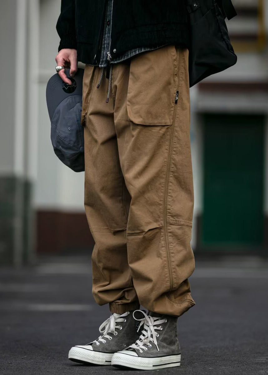 Spring Waist Cotton Mens Pants Khaki Pockets Cool Beam Elastic