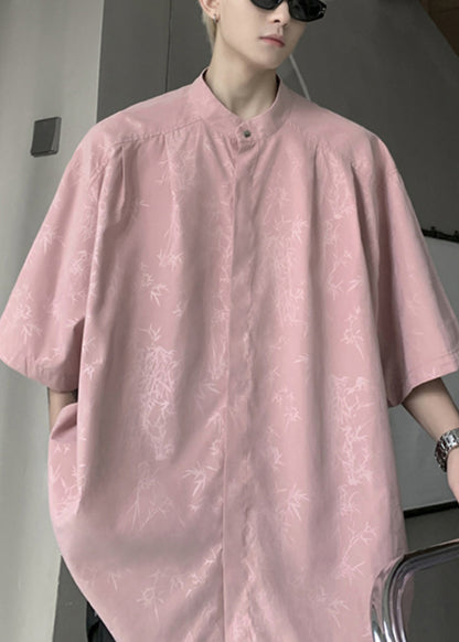 Cool Pink Button Print Ice Silk Mens Shirts Half Sleeve YT083