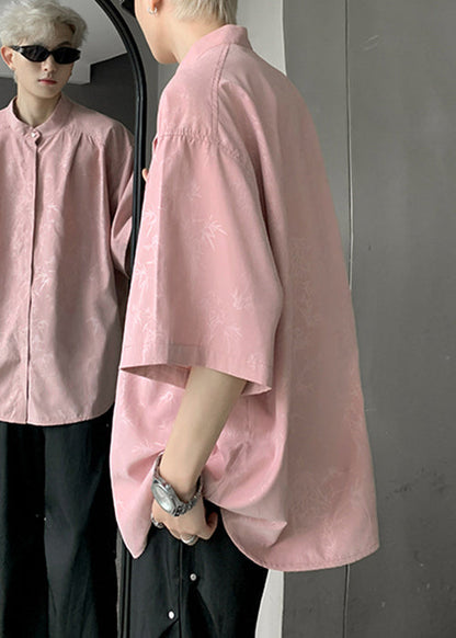 Cool Pink Button Print Ice Silk Mens Shirts Half Sleeve YT083