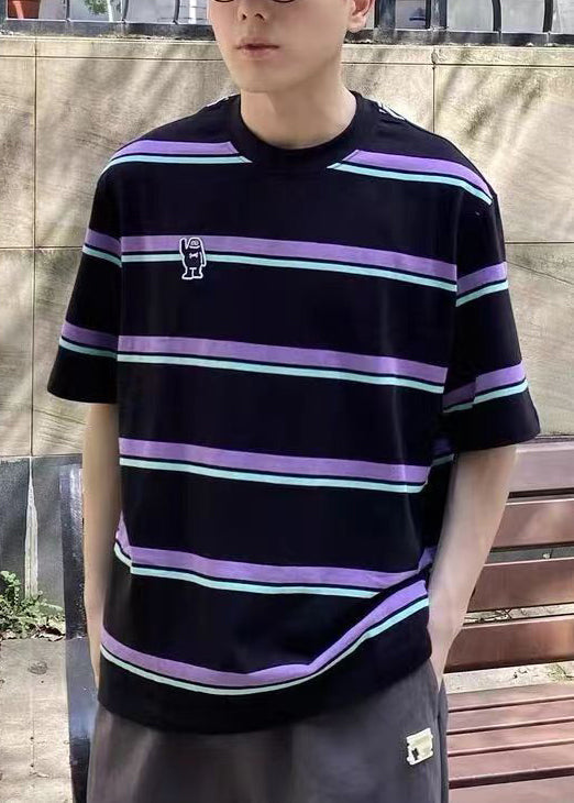 Cool Purple O Neck Striped Cotton Oversized T Shirt Men Summer QH002