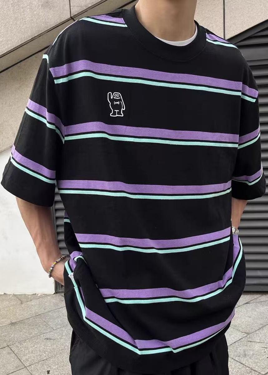 Cool Purple O Neck Striped Cotton Oversized T Shirt Men Summer QH002