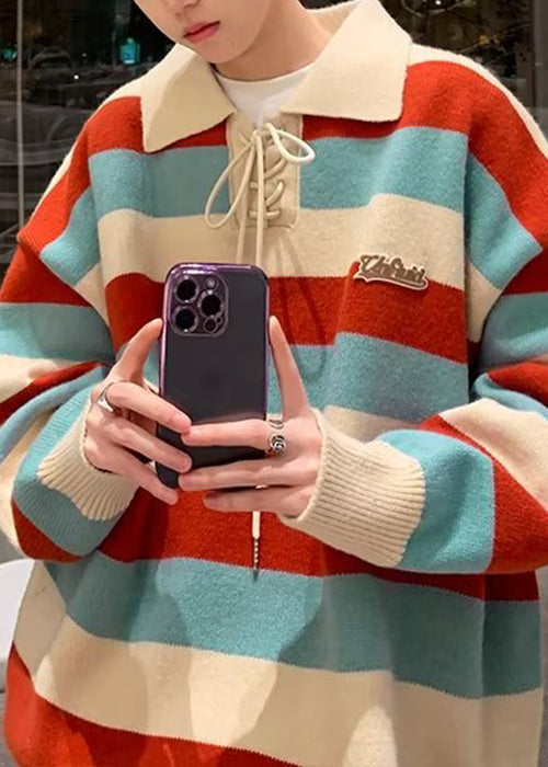 Cool Red Striped Peter Pan Collar Lace Up Knit Men Sweater Fall QH015