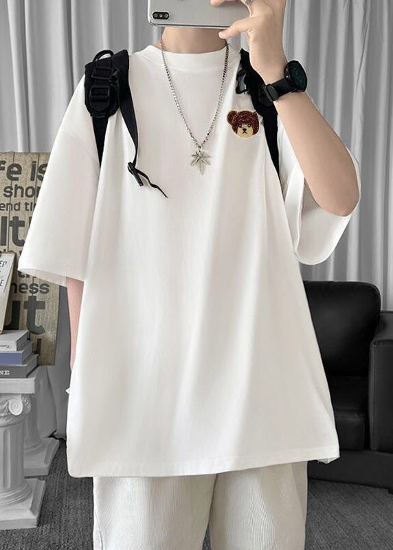 Cool White Embroideried Zippered Cotton Mens T Shirt Designer Summer WA004