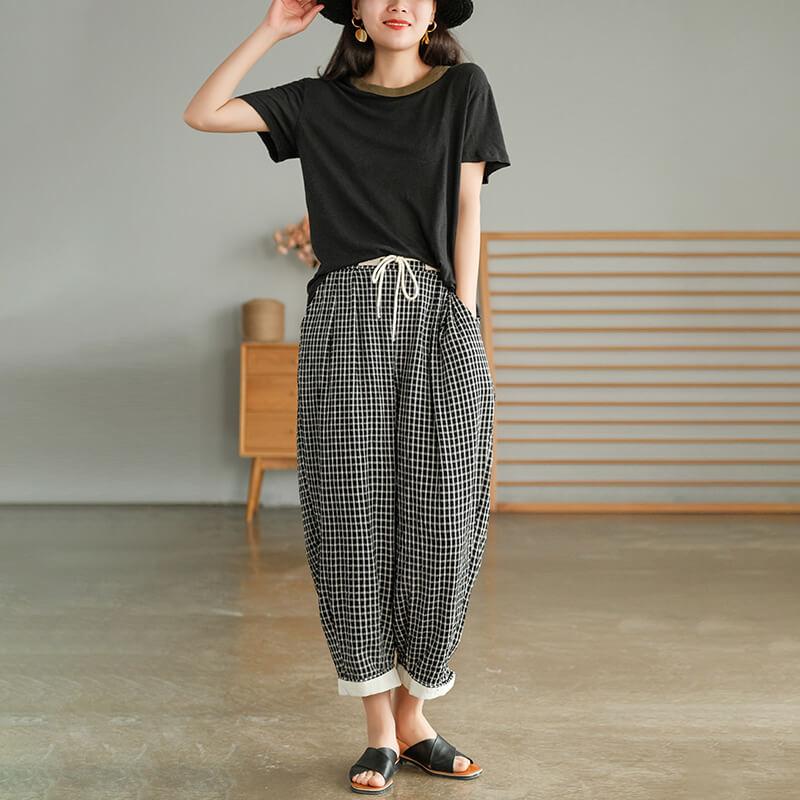 Cotton Linen Plaid Drawstring Pocket Casual Pants OP1023