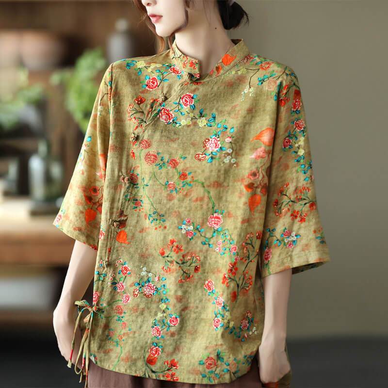 Baumwollleinen Damen Casual Floral Unregelmäßige Vintage Shirt OP1015 