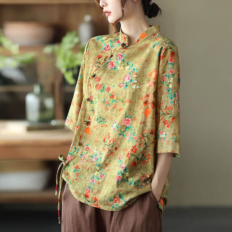 Baumwollleinen Damen Casual Floral Unregelmäßige Vintage Shirt OP1015 
