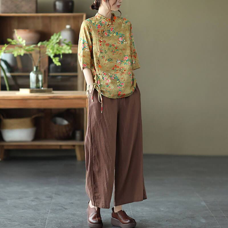 Baumwollleinen Damen Casual Floral Unregelmäßige Vintage Shirt OP1015 