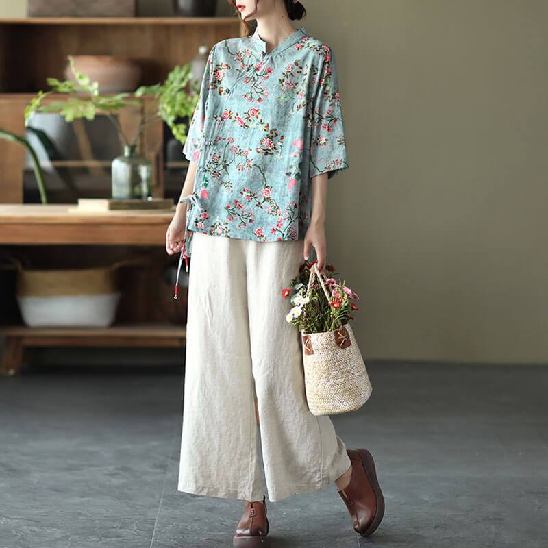 Baumwollleinen Damen Casual Floral Unregelmäßige Vintage Shirt OP1015 