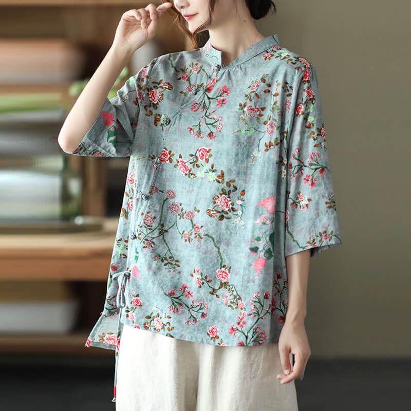 Baumwollleinen Damen Casual Floral Unregelmäßige Vintage Shirt OP1015 