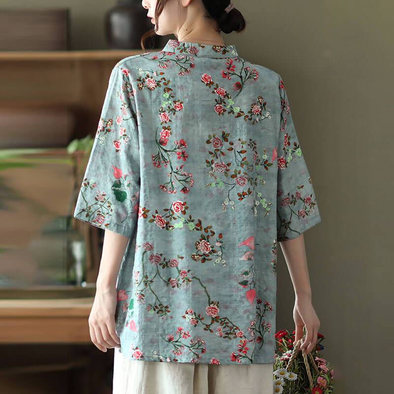 Baumwollleinen Damen Casual Floral Unregelmäßige Vintage Shirt OP1015 